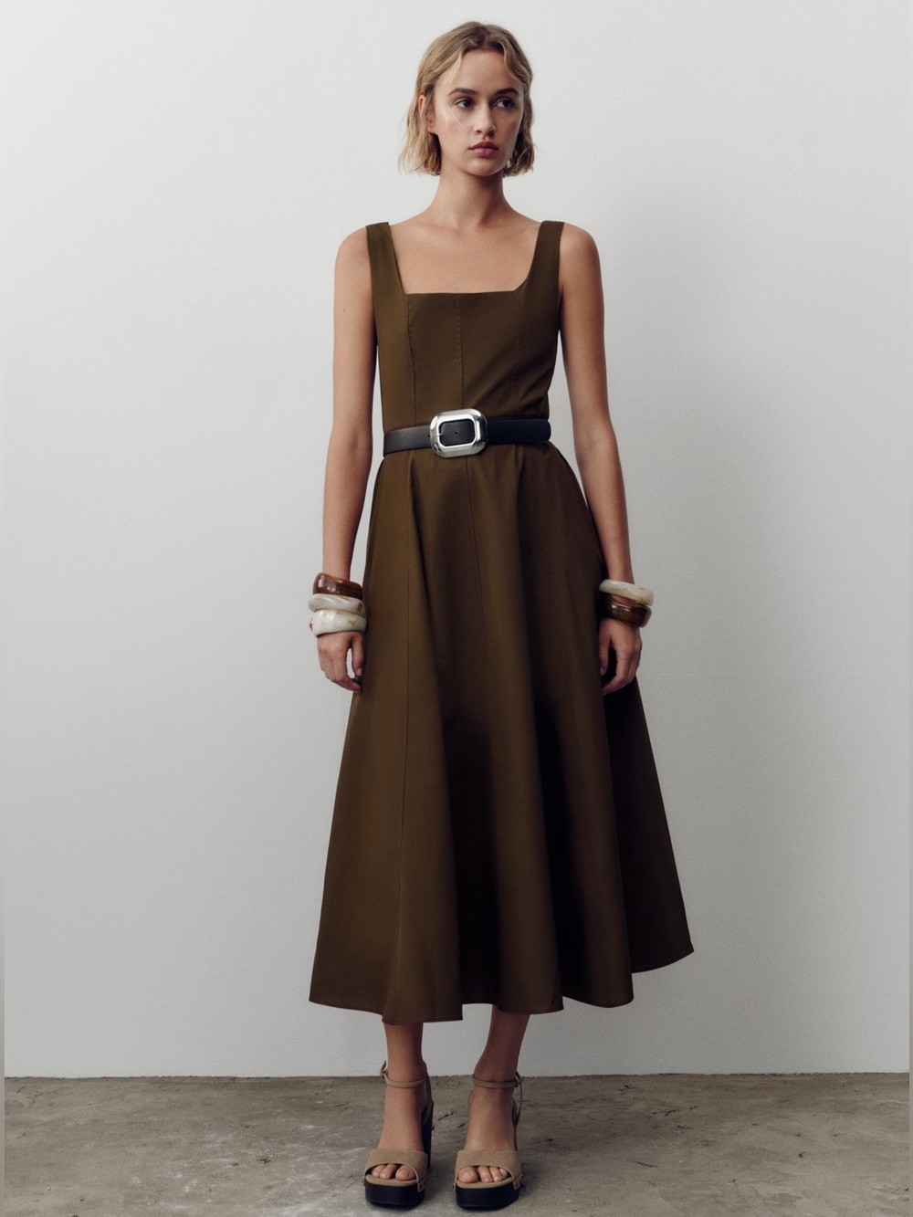 NWT Zara Brown Cotton  Square-Neck Midi Dress - (no belt) - s XS (fits S)